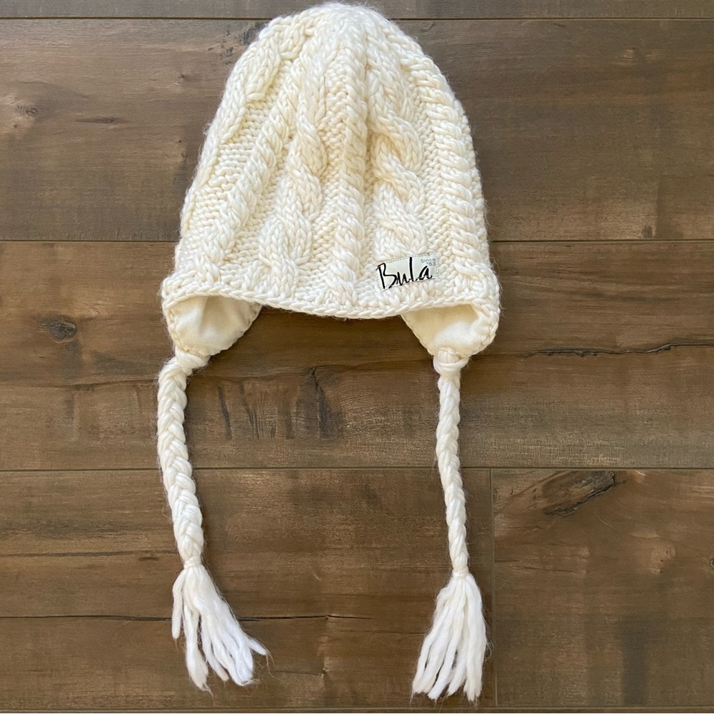 Bula Ivory Cable Knit Beanie Braided Tassels Cream Hat Winter Snow Wool Blend